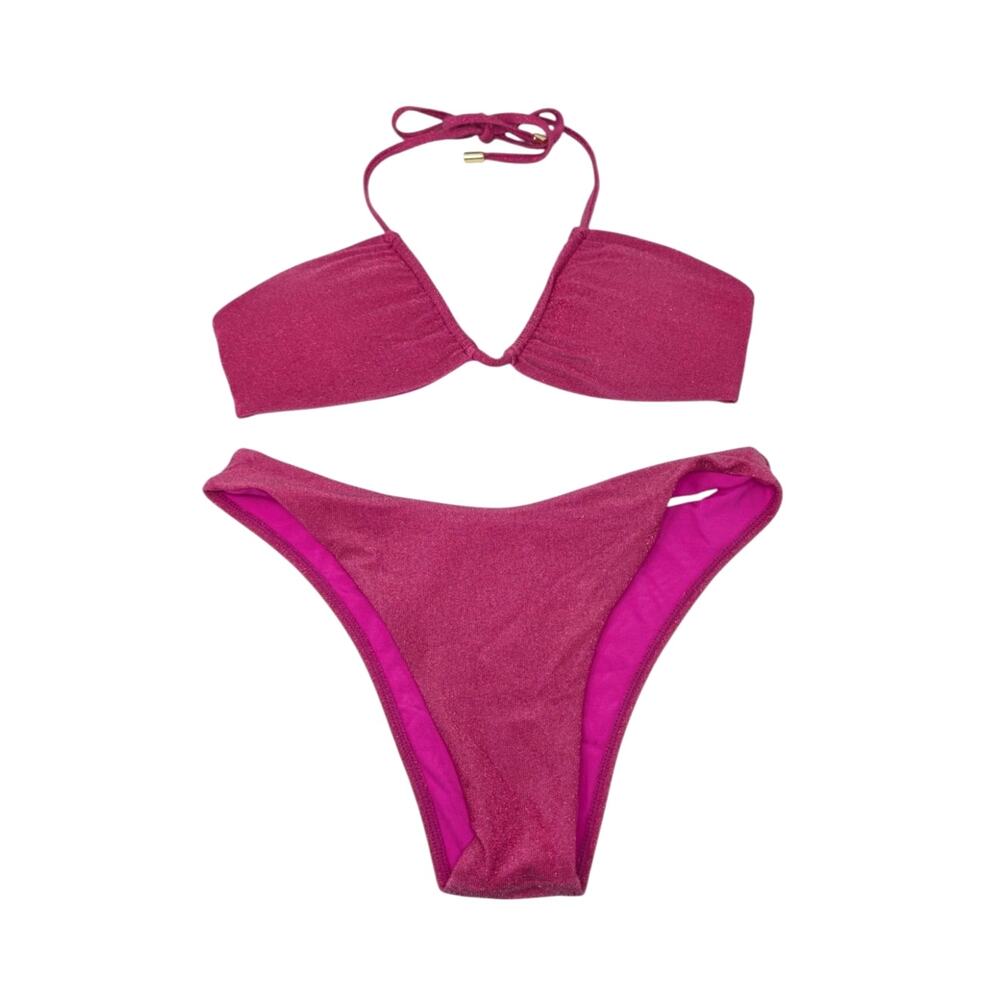 Monday Swimwear Pink Metallic Shimmer Bikini Set Small High Cut Halter